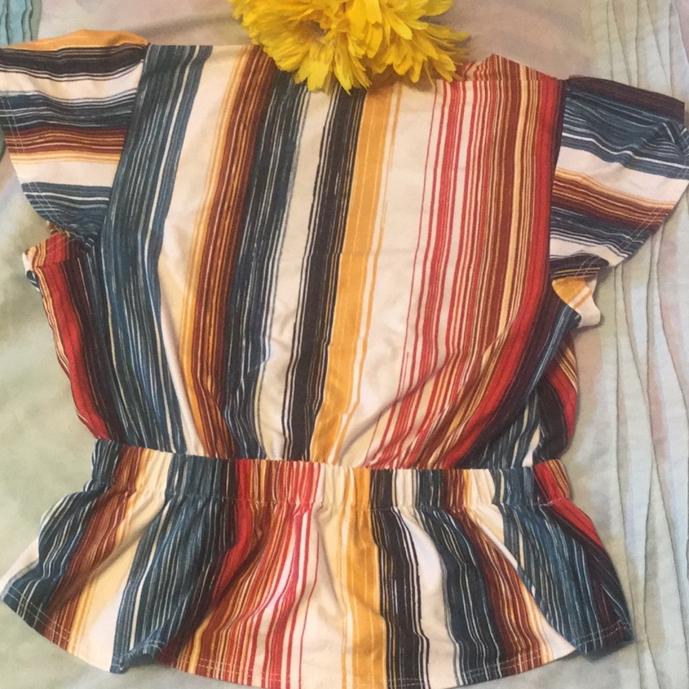 ❌DONATED❌Multicolor Blue Stripe Deep V-neck Elastic Waist Top - Picture 6 of 8